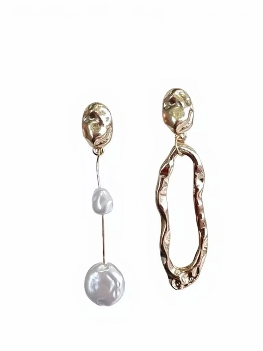 Gold Asymmetrical Hoop & Pearl Drop Earrings - Women Jewelry